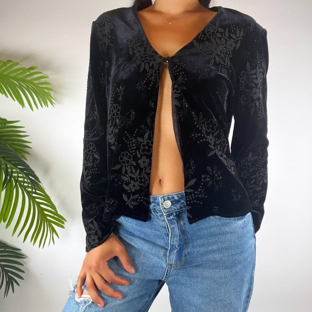 Vintage 90s Black Whimsigoth Fairy Grunge Floral Velvet Open Belly Top /Sz: 10